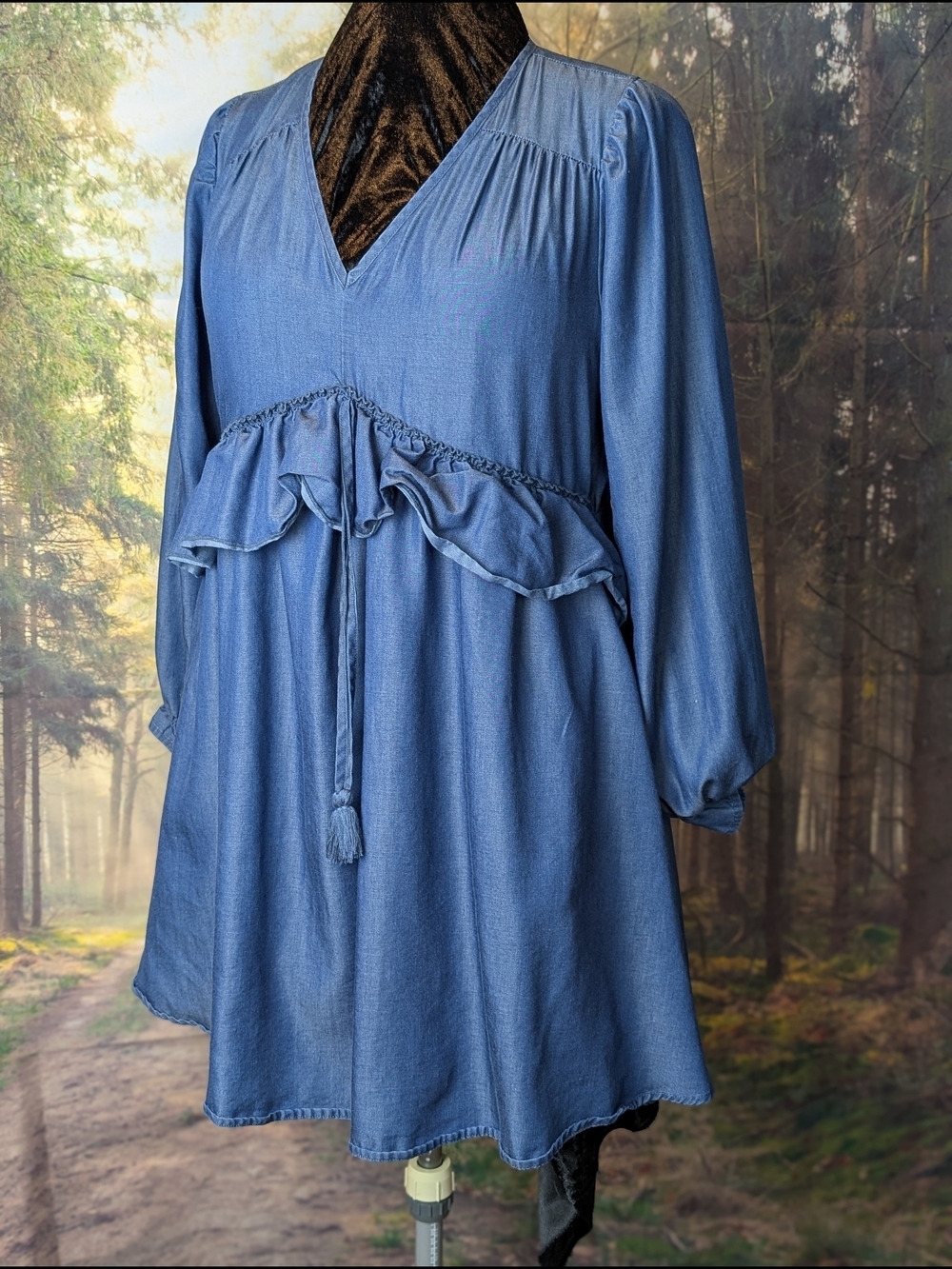 Frye & Co Chambray Babydoll Dress  Tencel Boho Ruffle Tassel Cottagecore Western